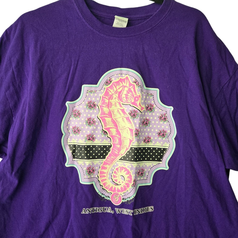 Gildan Antigua West Indies Seahorse Graphic T-Shirt Purple Heavy Cotton‎ 2XL